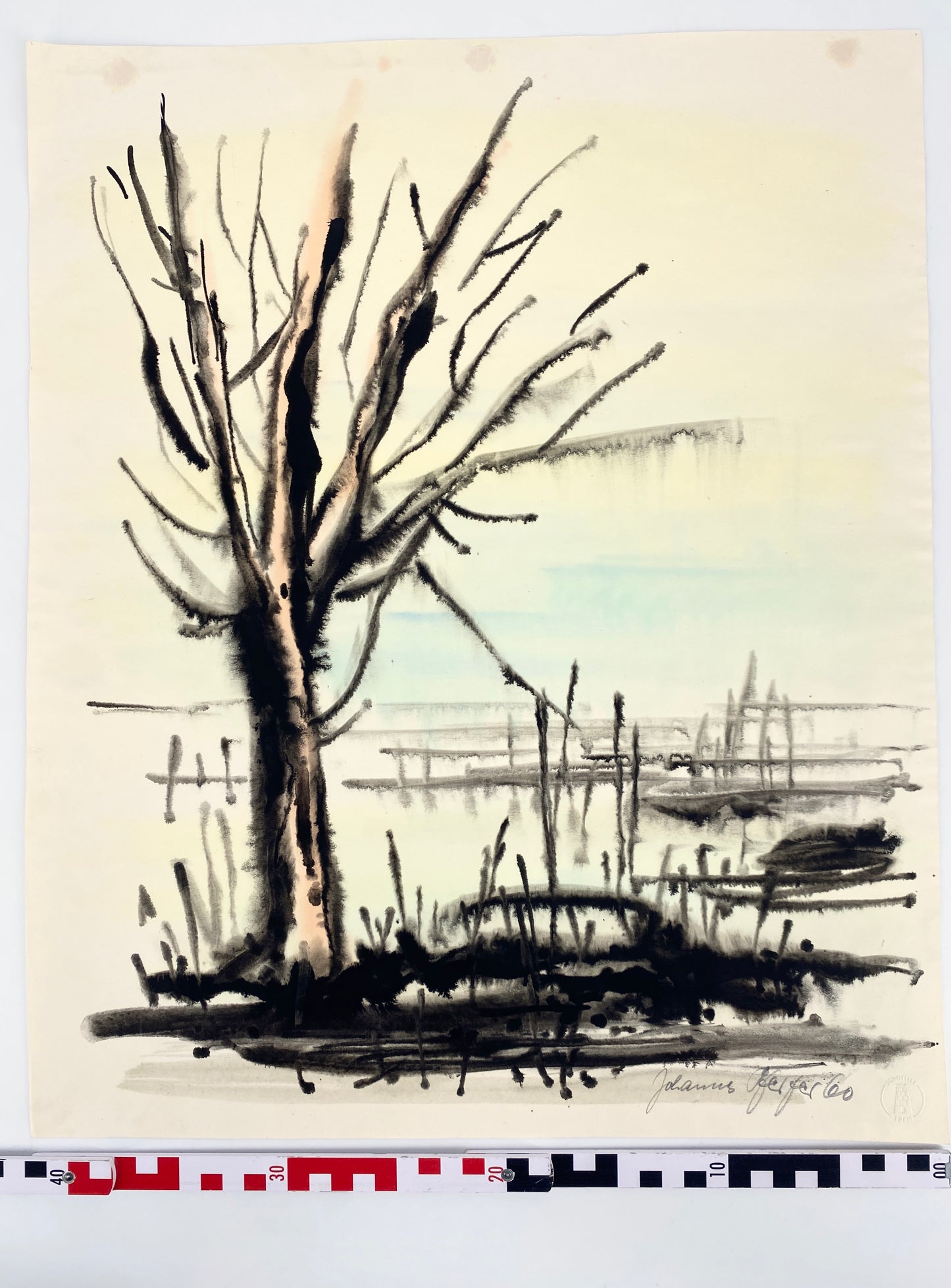 Lavierte Tusche-Zeichnung, abstrahierte Landschaft von 1960