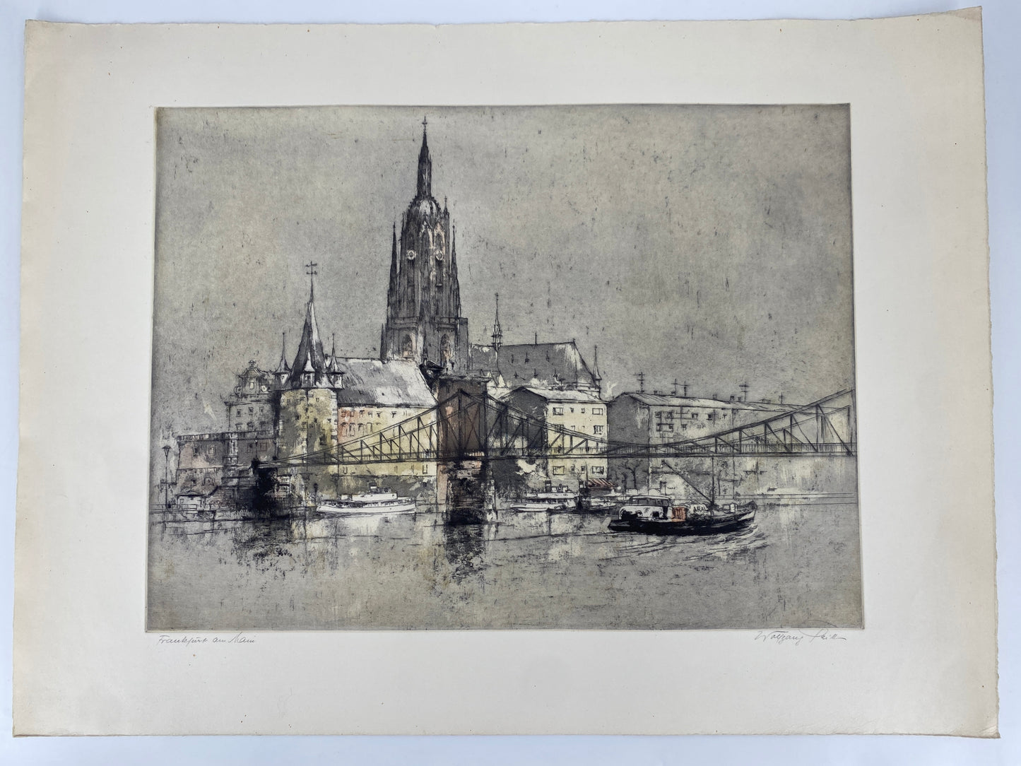 Farbradierung Wolfgang Tritt, Frankfurt am Main. Kaiserdom und Eiserner Steg
