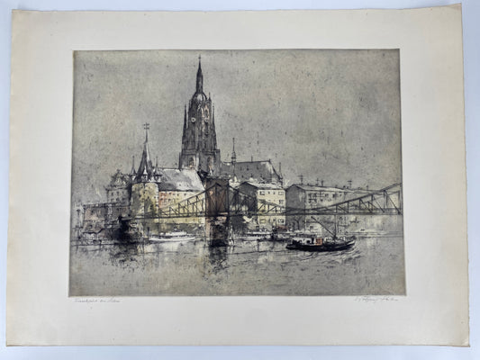 Farbradierung Wolfgang Tritt, Frankfurt am Main. Kaiserdom und Eiserner Steg