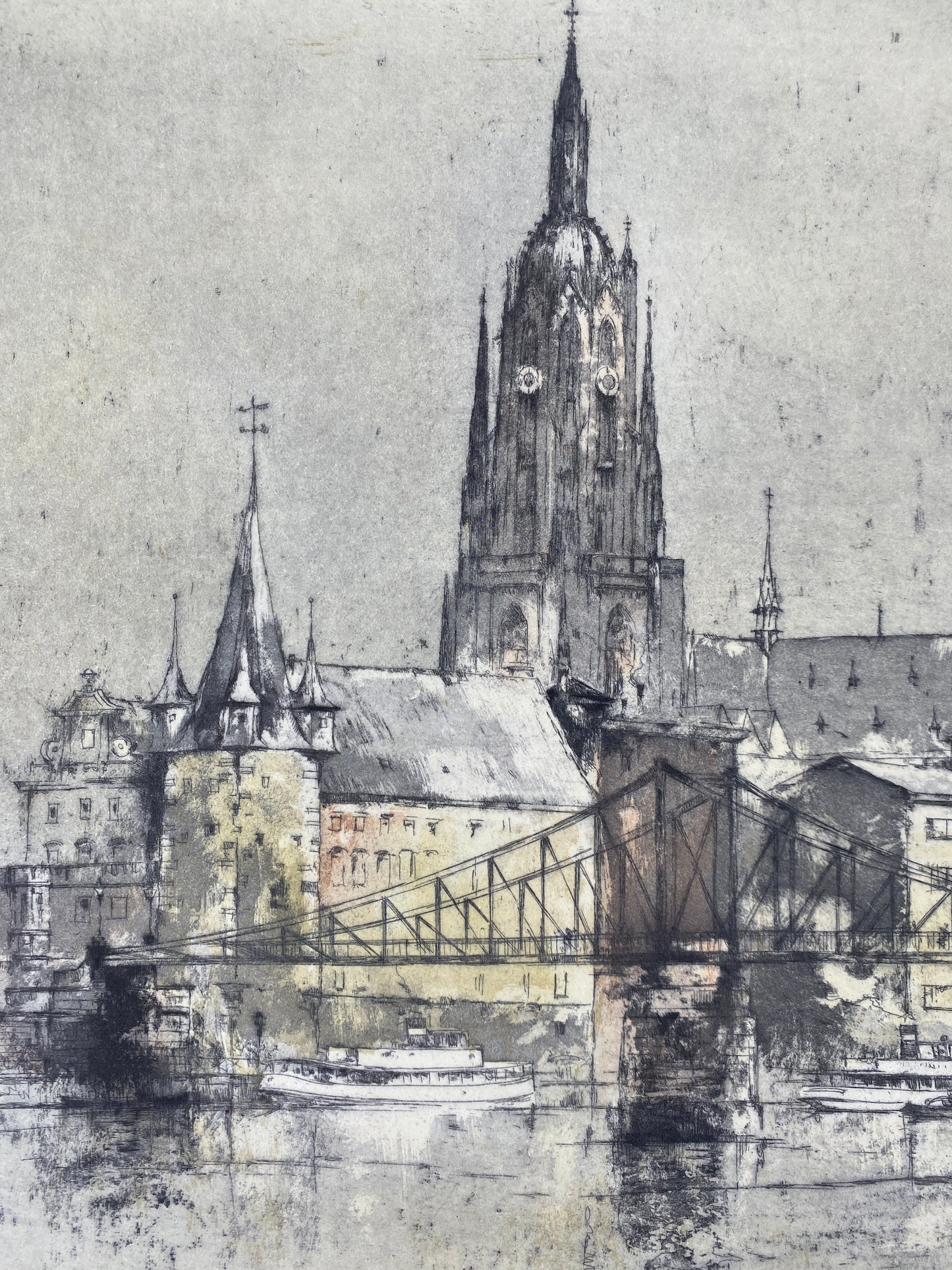 Farbradierung Wolfgang Tritt, Frankfurt am Main. Kaiserdom und Eiserner Steg