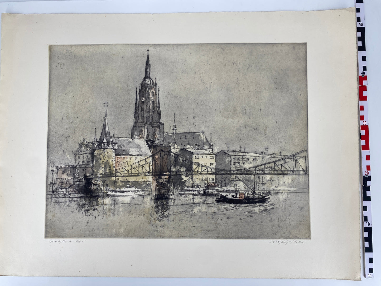 Farbradierung Wolfgang Tritt, Frankfurt am Main. Kaiserdom und Eiserner Steg