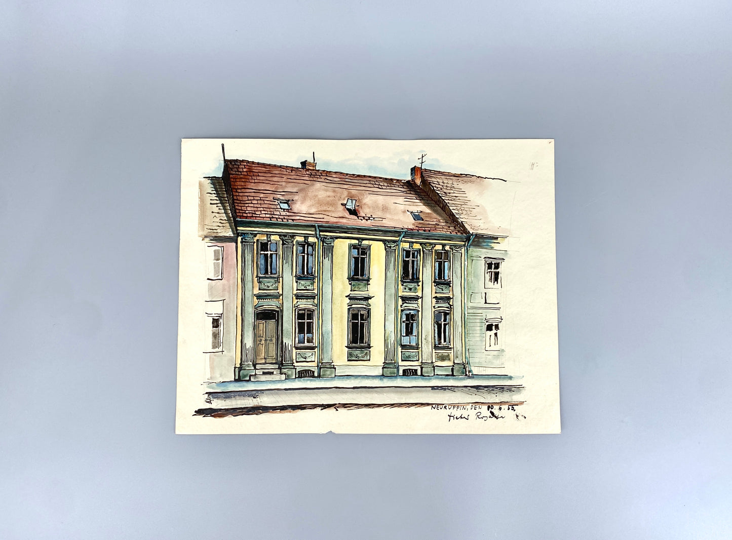 Neuruppin (Häuserreihe). Aquarellierte Zeichnung von Dieter Rogalla