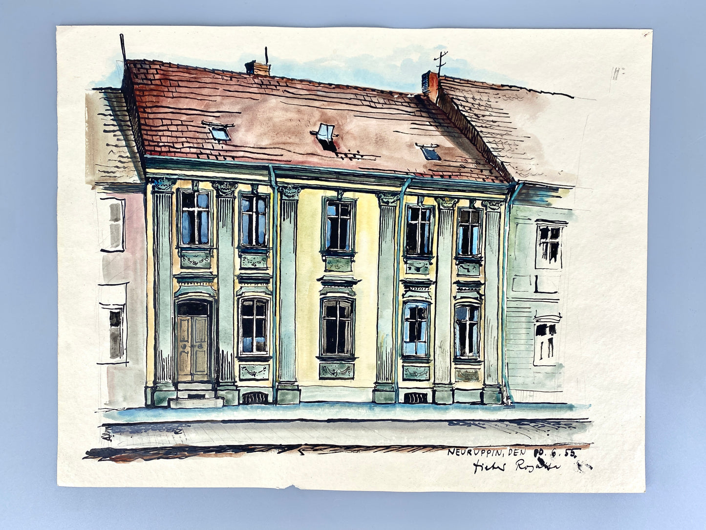 Neuruppin (Häuserreihe). Aquarellierte Zeichnung von Dieter Rogalla