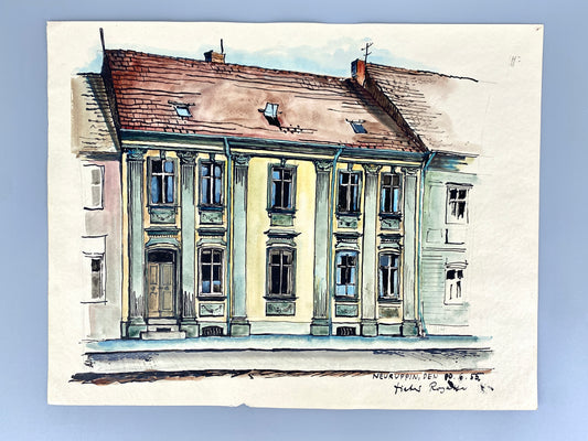 Neuruppin (Häuserreihe). Aquarellierte Zeichnung von Dieter Rogalla