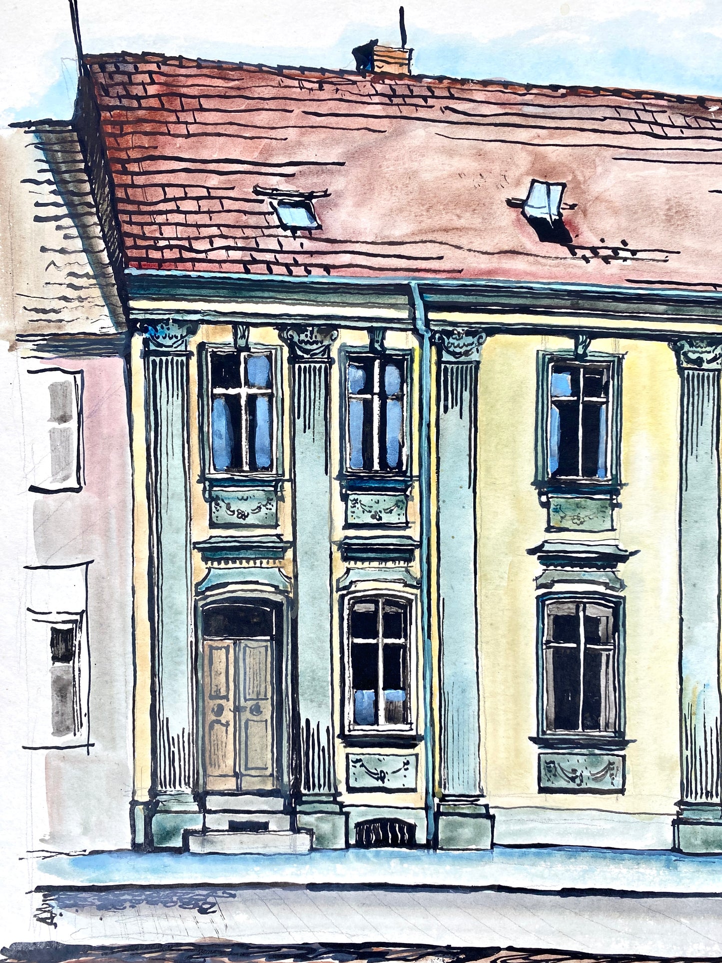 Neuruppin (Häuserreihe). Aquarellierte Zeichnung von Dieter Rogalla