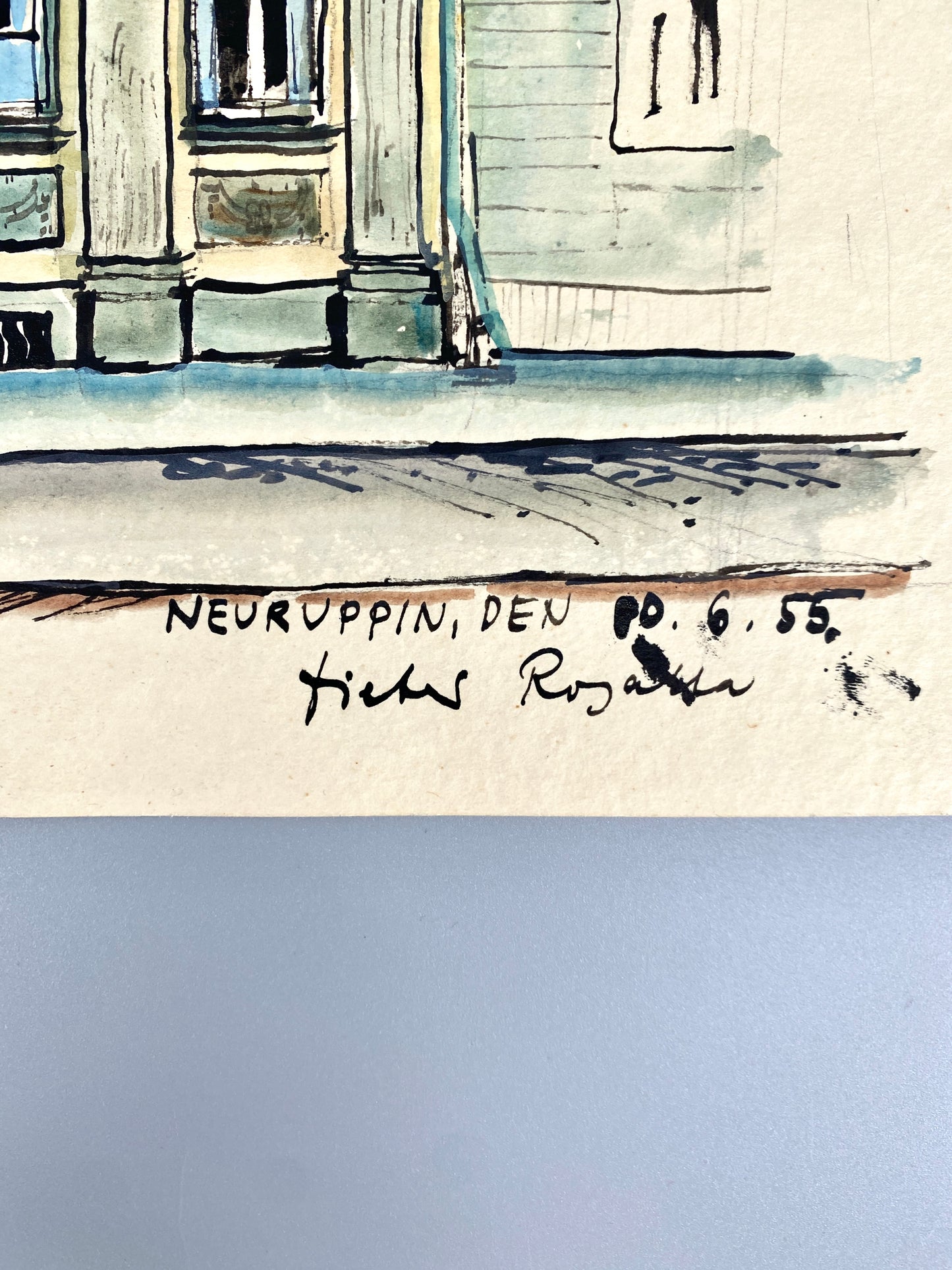 Neuruppin (Häuserreihe). Aquarellierte Zeichnung von Dieter Rogalla