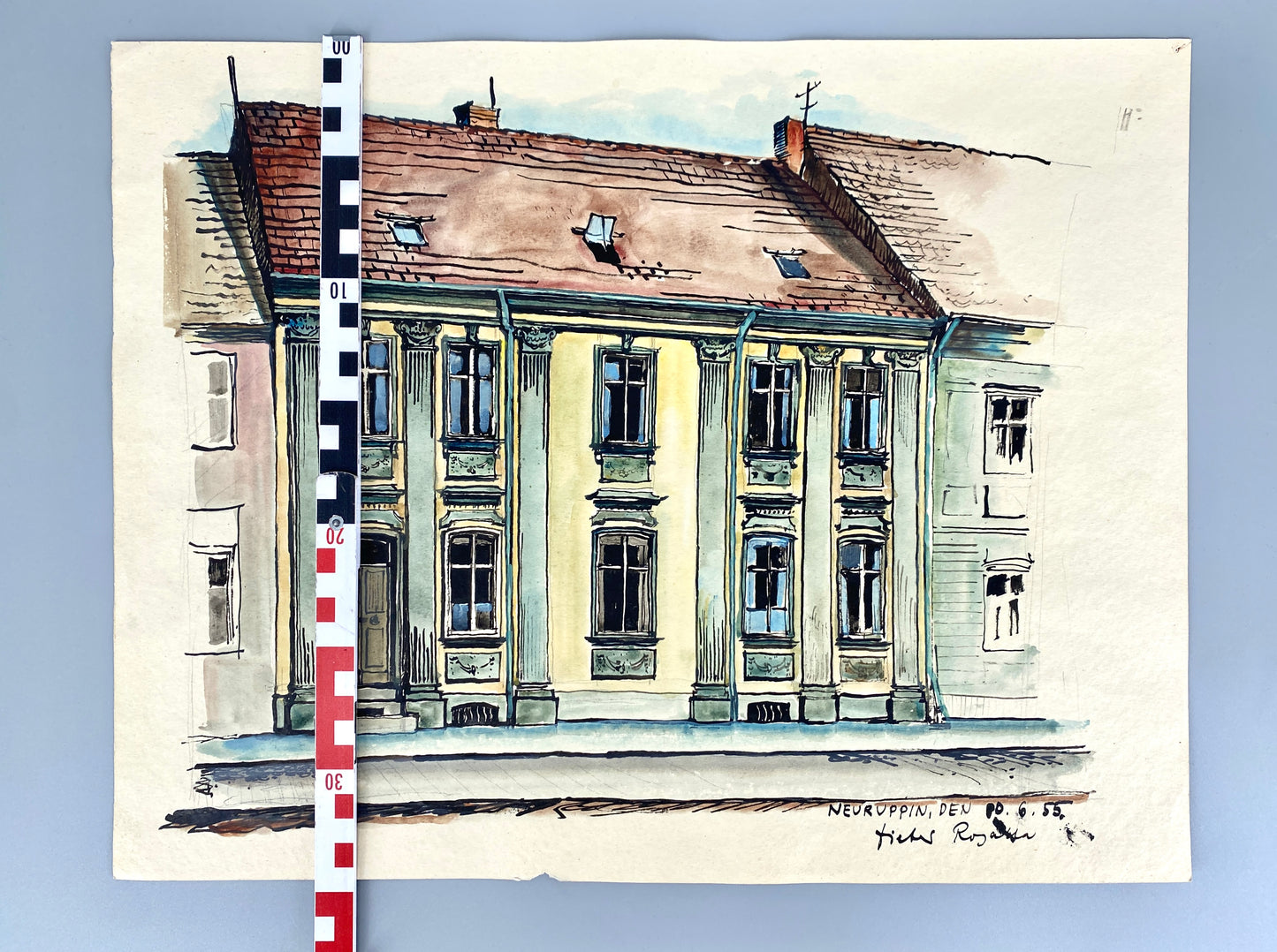 Neuruppin (Häuserreihe). Aquarellierte Zeichnung von Dieter Rogalla
