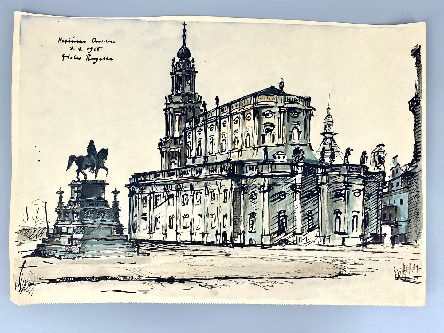Hofkirche Dresden, mit dem König Johann Denkmal. Zeichnung, Aquarelliert. Von Dieter Rogalls