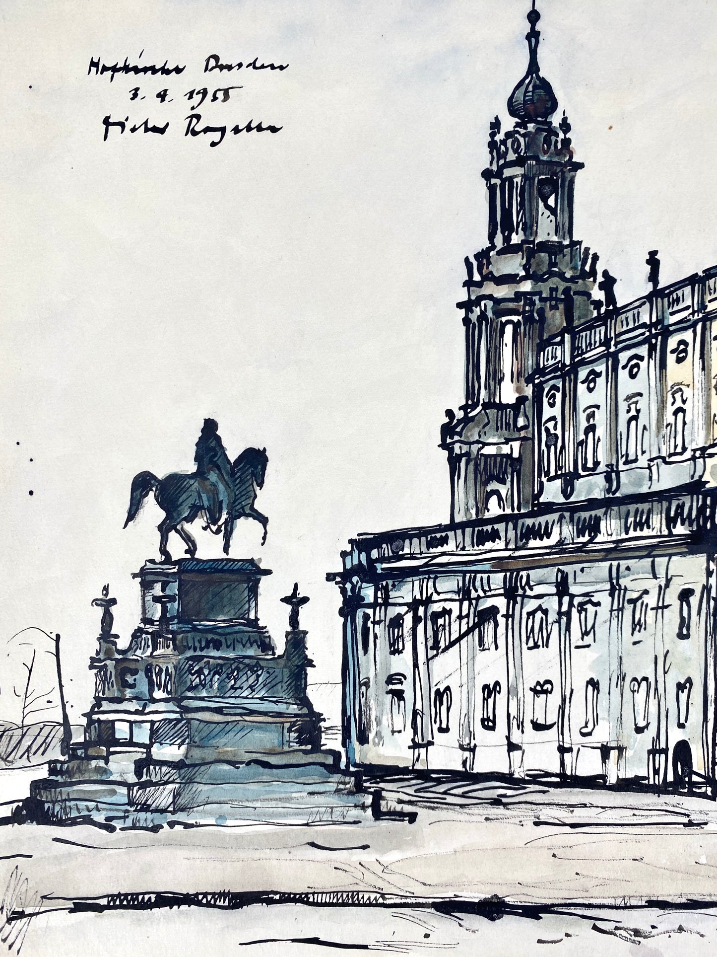 Hofkirche Dresden, mit dem König Johann Denkmal. Zeichnung, Aquarelliert. Von Dieter Rogalls