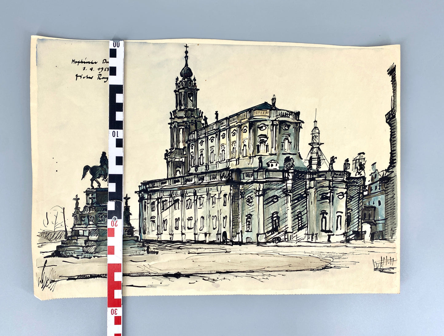 Hofkirche Dresden, mit dem König Johann Denkmal. Zeichnung, Aquarelliert. Von Dieter Rogalls