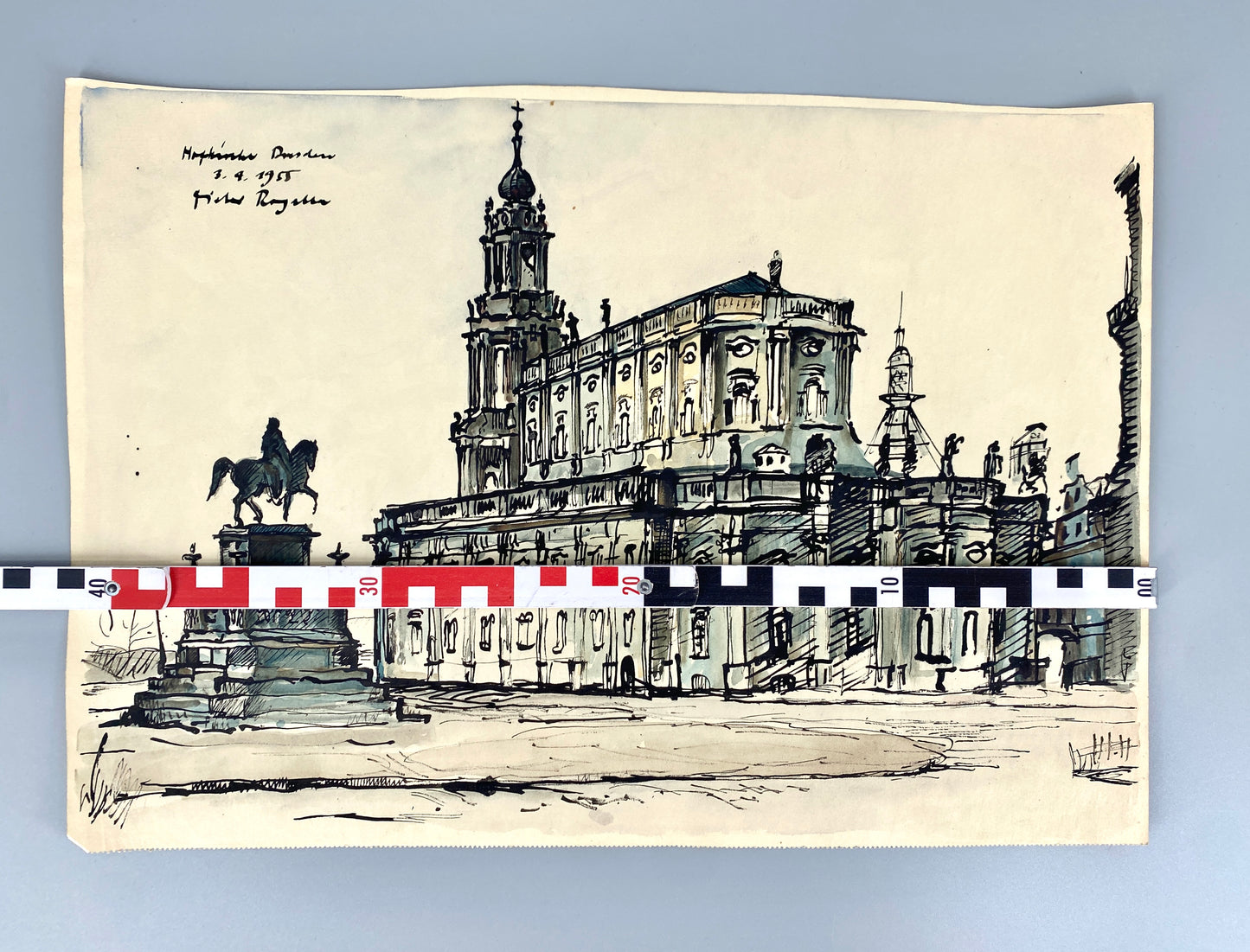Hofkirche Dresden, mit dem König Johann Denkmal. Zeichnung, Aquarelliert. Von Dieter Rogalls