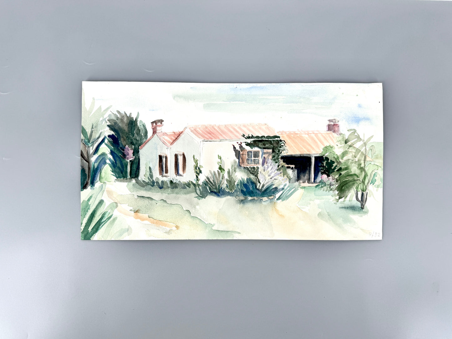 Mediterranes Haus im Garten I. Aquarell, Helga Engeln