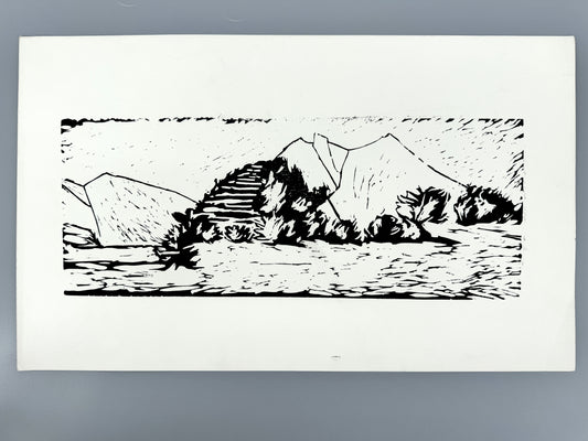 Wüstenlandschaft, mystisch. Linolschnitt