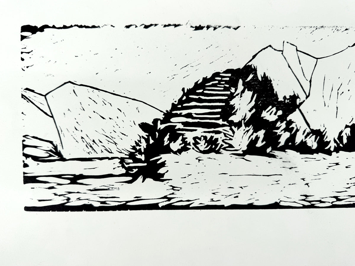 Wüstenlandschaft, mystisch. Linolschnitt