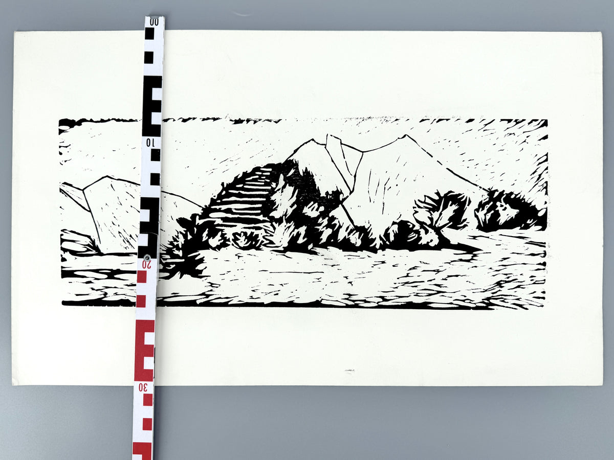 Wüstenlandschaft, mystisch. Linolschnitt