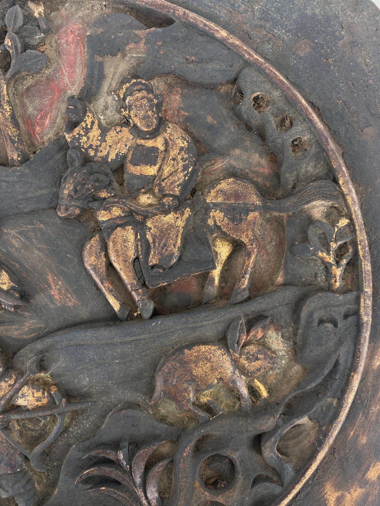 handgeschnitztes Holzrelief mit Jagdszene, China, spätes 19. Jh.