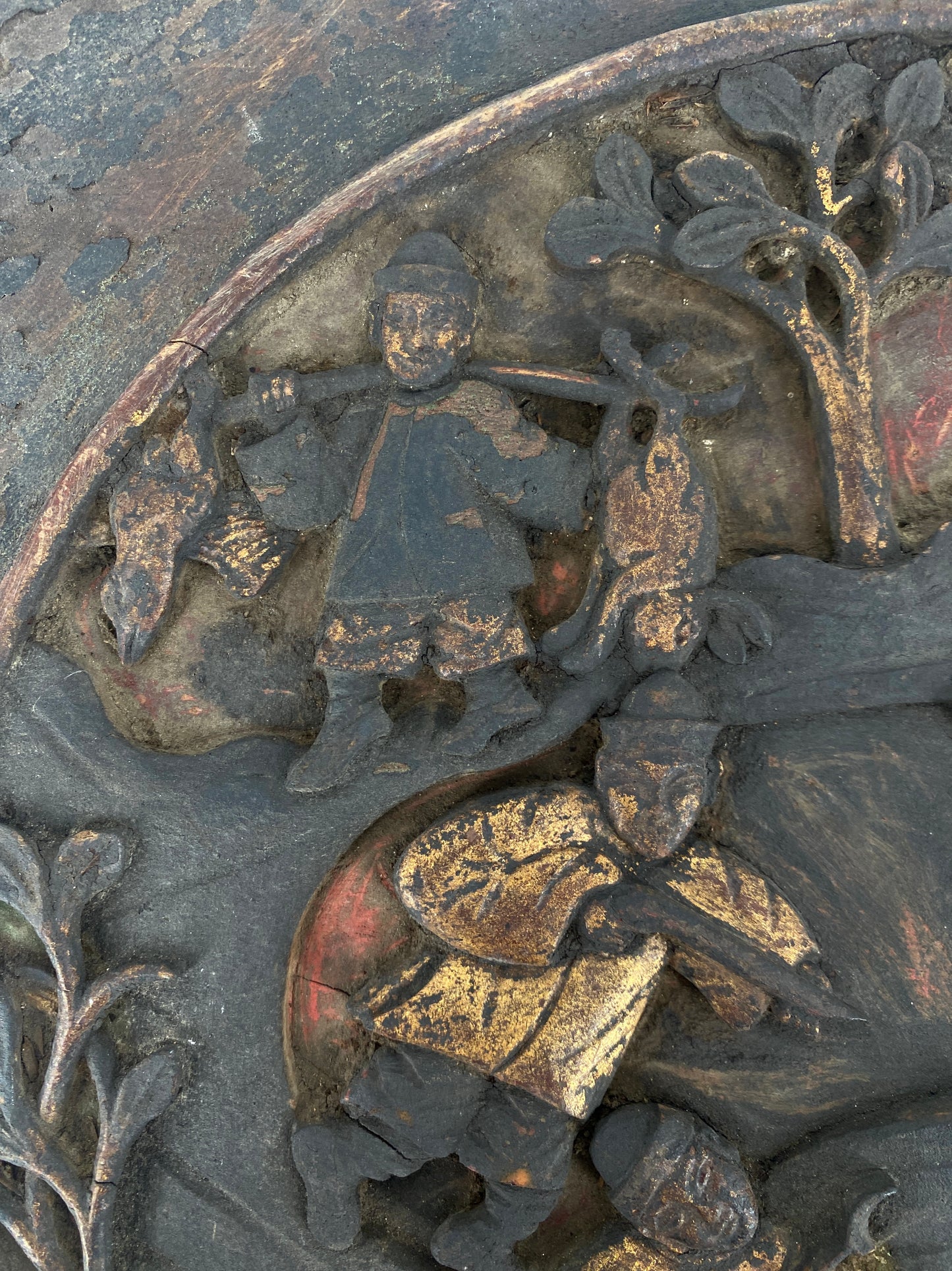 handgeschnitztes Holzrelief mit Jagdszene, China, spätes 19. Jh.