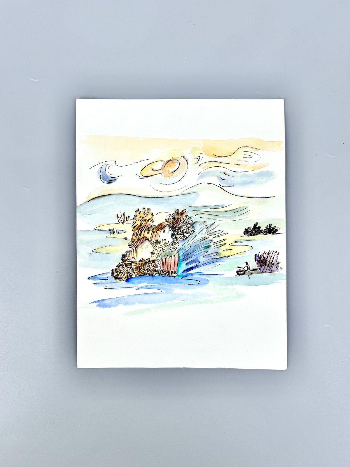 Einsame Insel mit Hütten und Boot. Aquarell von Helga Engeln