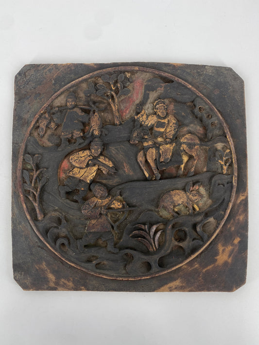 handgeschnitztes Holzrelief mit Jagdszene, China, spätes 19. Jh.