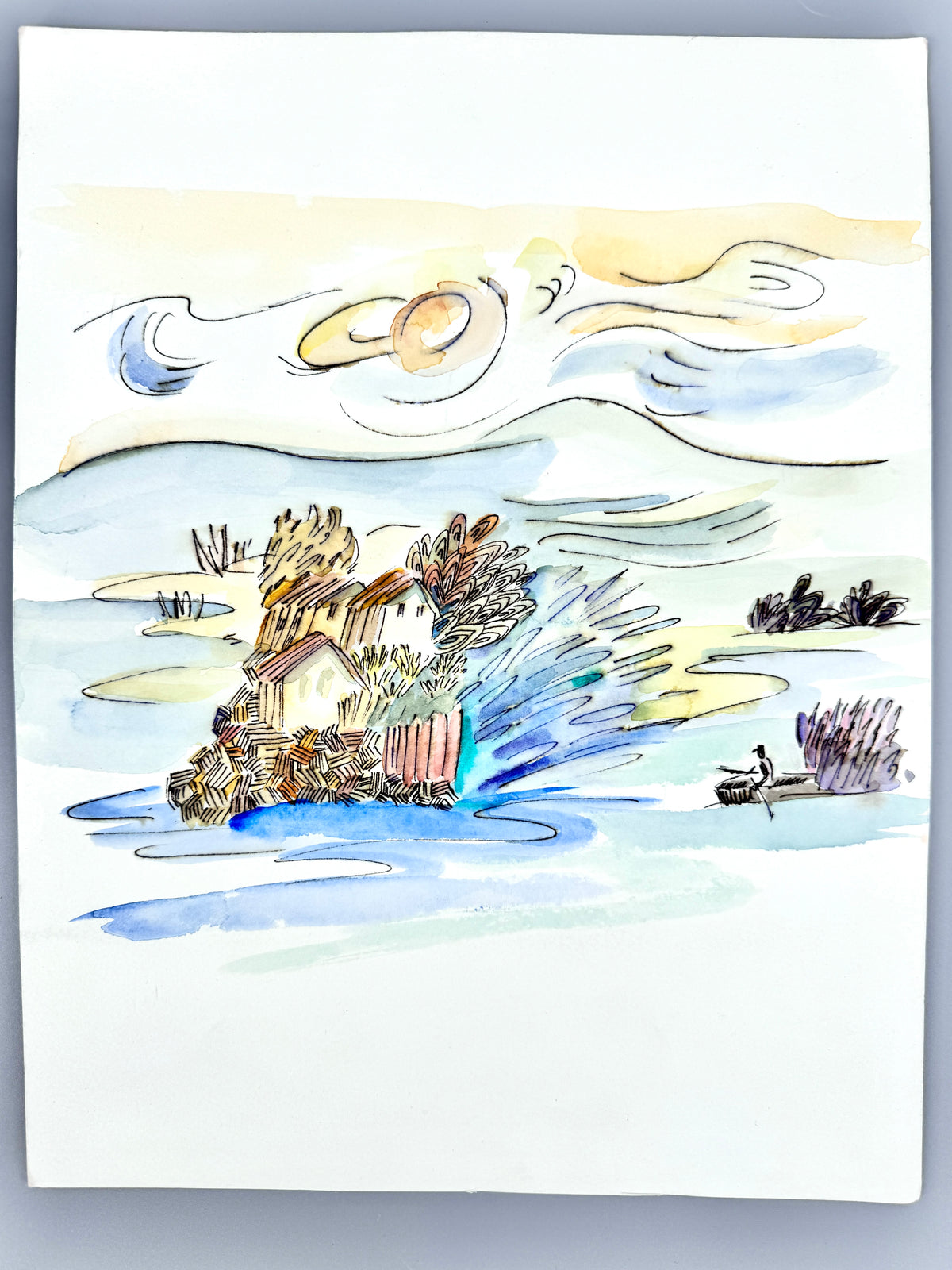 Einsame Insel mit Hütten und Boot. Aquarell von Helga Engeln