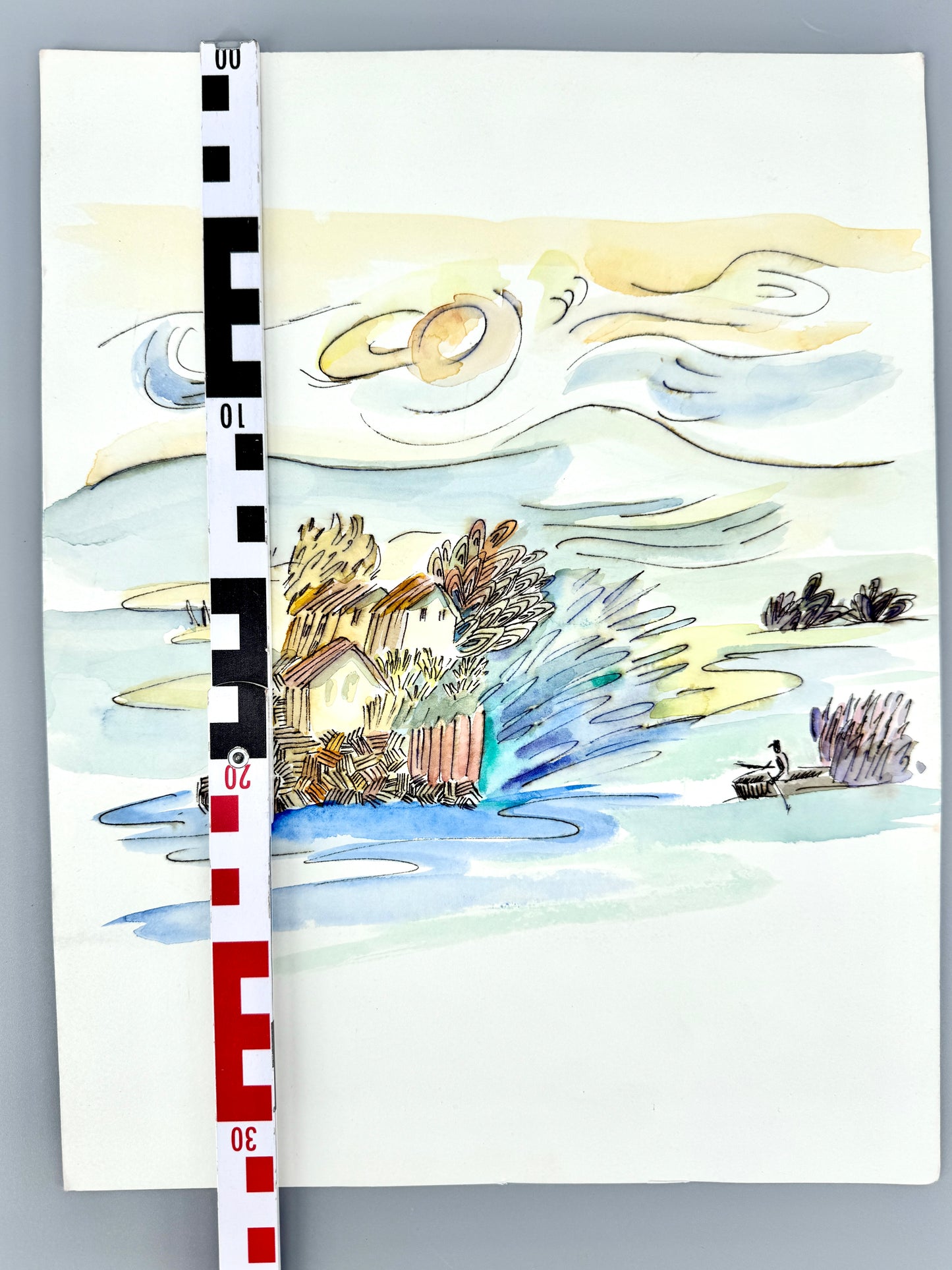 Einsame Insel mit Hütten und Boot. Aquarell von Helga Engeln