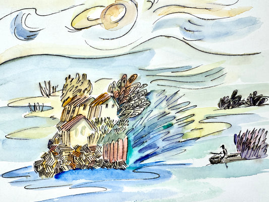 Einsame Insel mit Hütten und Boot. Aquarell von Helga Engeln