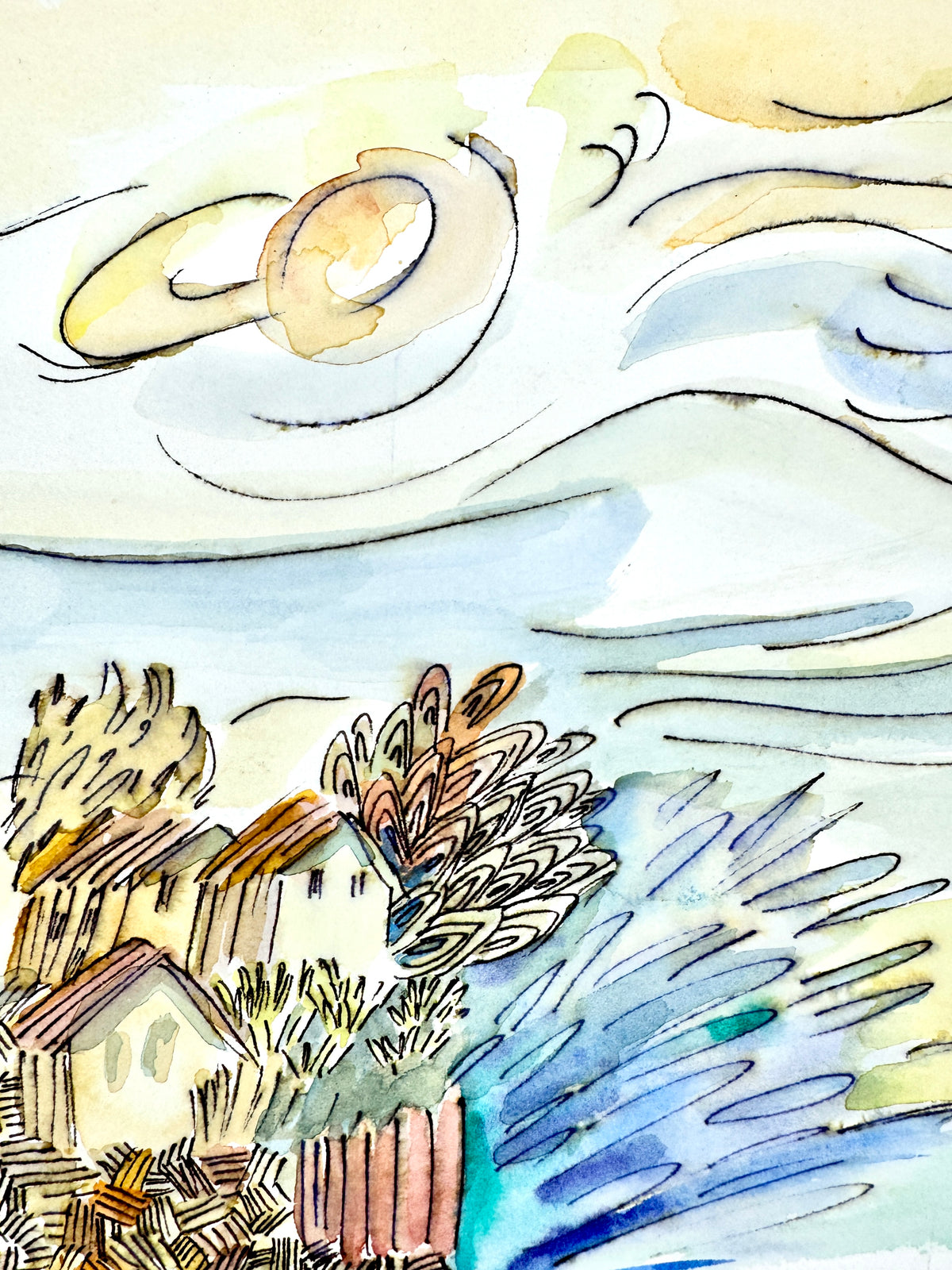 Einsame Insel mit Hütten und Boot. Aquarell von Helga Engeln