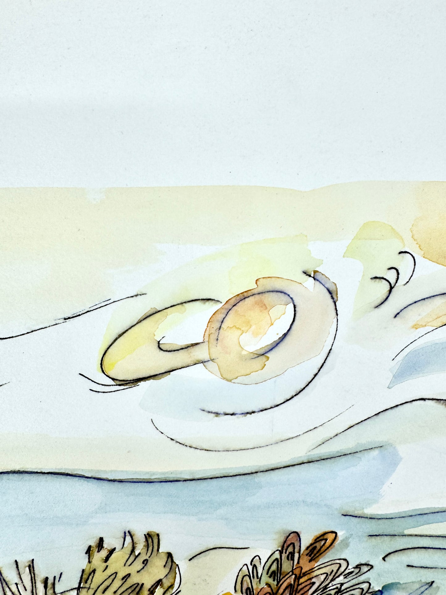 Einsame Insel mit Hütten und Boot. Aquarell von Helga Engeln