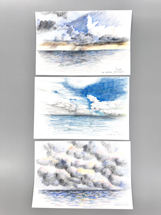 Horizonte, Sardinien. 3x Buntstift-Gemälde, Helga Engeln.