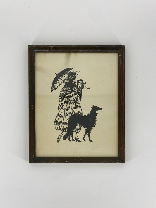 Scherenschnitt von einer Frau mit Hund, 20. Jh.