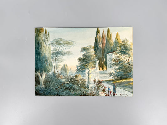 Paradiesgarten mit Flaneuren und Staturen, Aquarell-Gemälde. Signiert E. Hermary