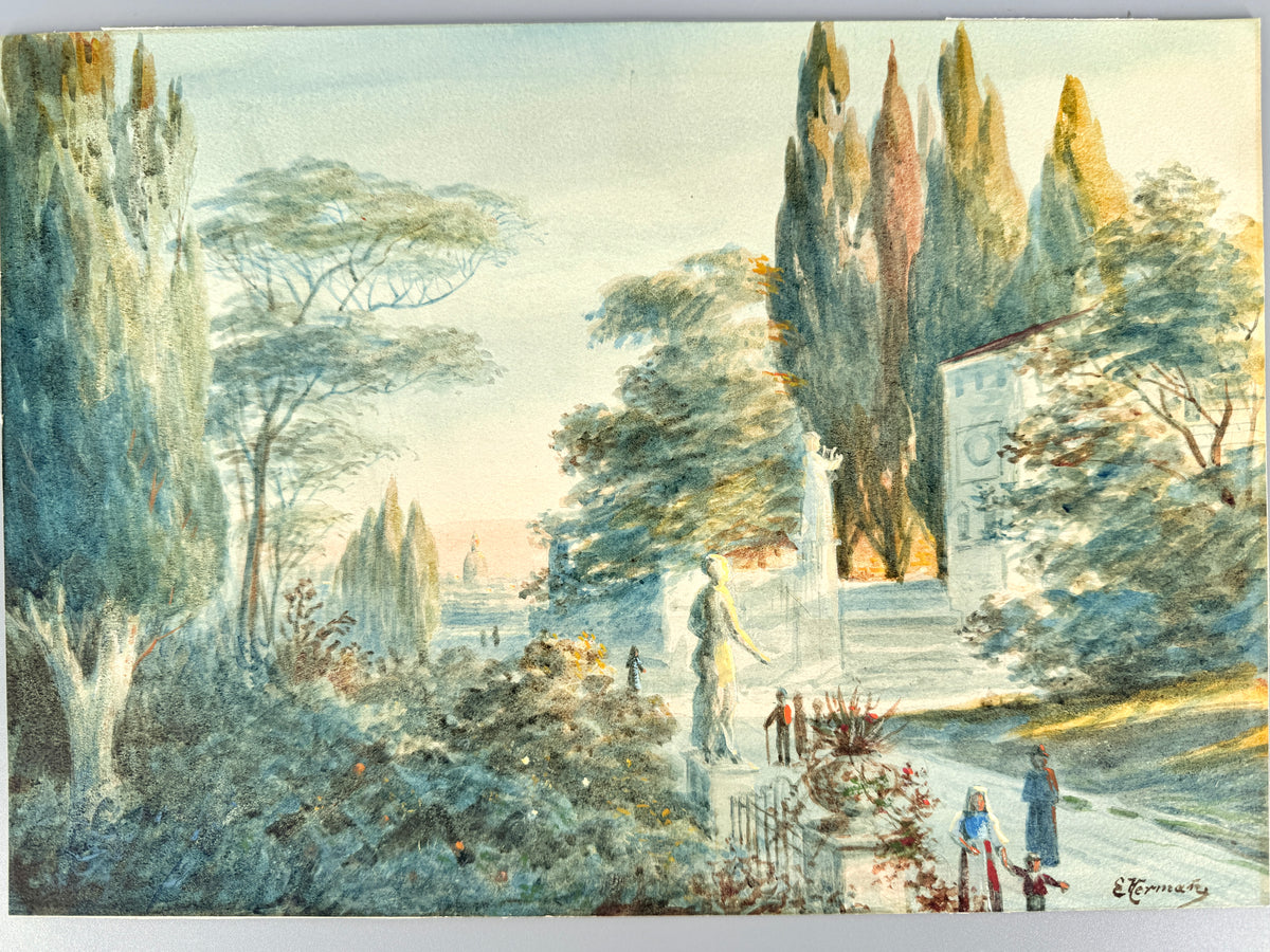 Paradiesgarten mit Flaneuren und Staturen, Aquarell-Gemälde. Signiert E. Hermary