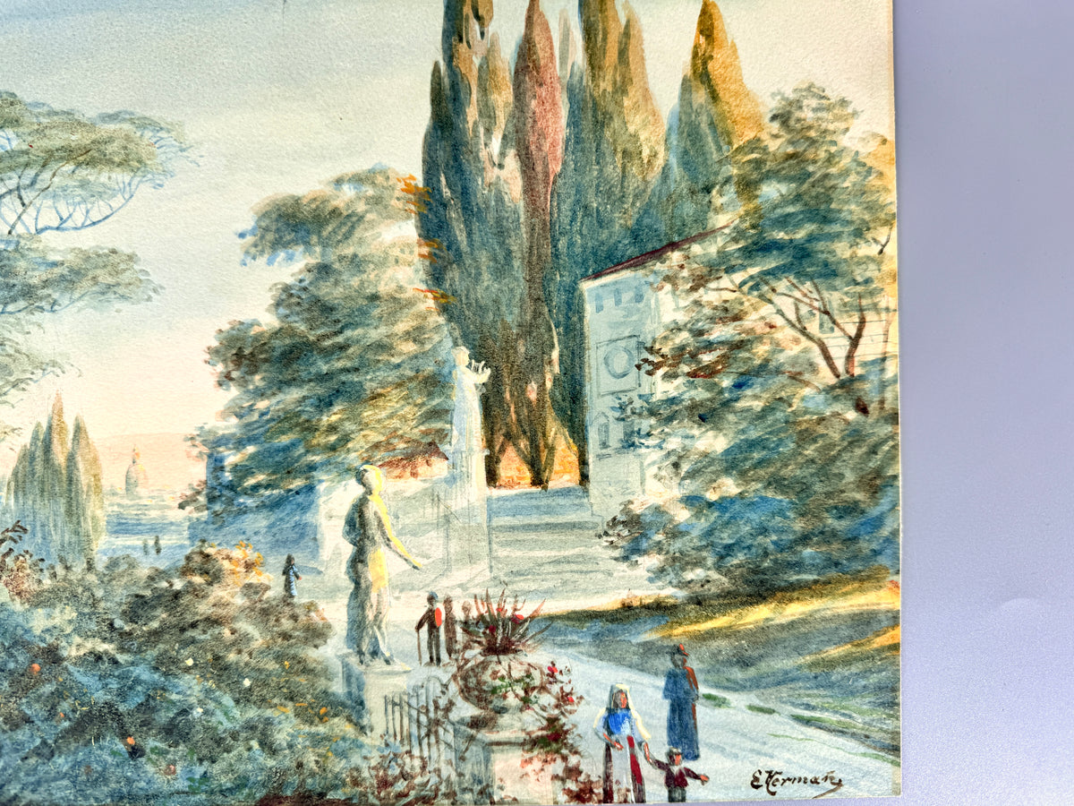Paradiesgarten mit Flaneuren und Staturen, Aquarell-Gemälde. Signiert E. Hermary