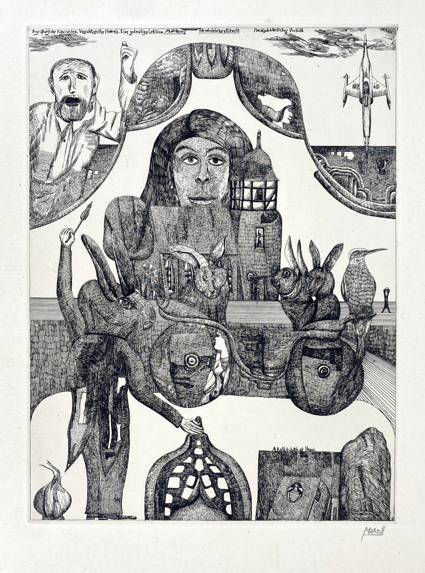 Handsignierte Radierung "Begrüßung der Kaninchen" von Pit Morell (geb. 1939), Edition der Griffelkunst-Vereinigung, Hamburg 1967