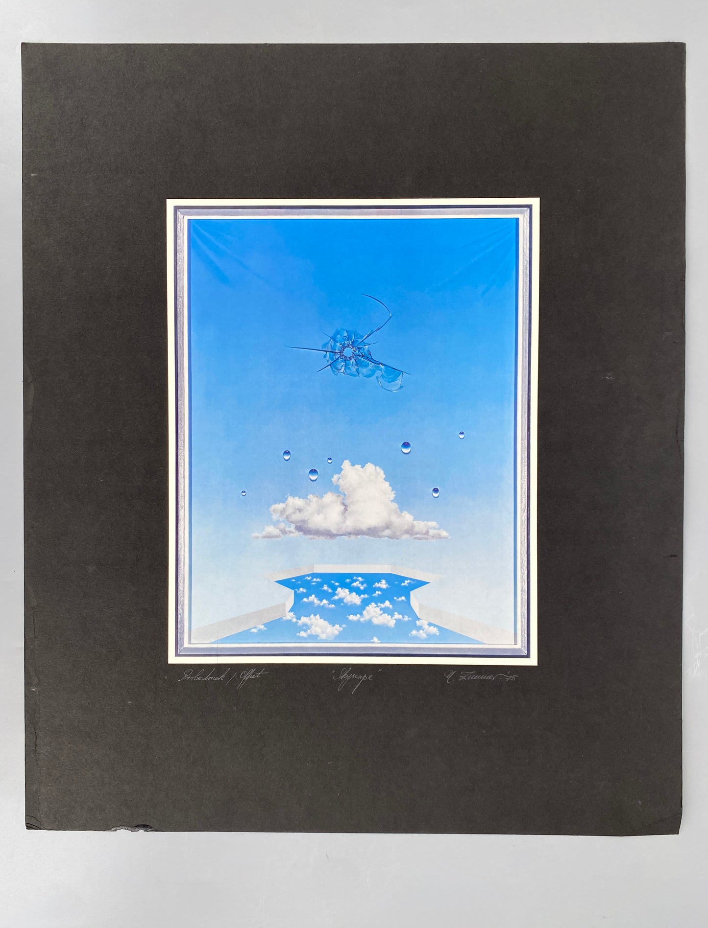 Signierter, surrealistischer / illusionistischer Kunstdruck "Skyscape" von H. Zimmer, 1975
