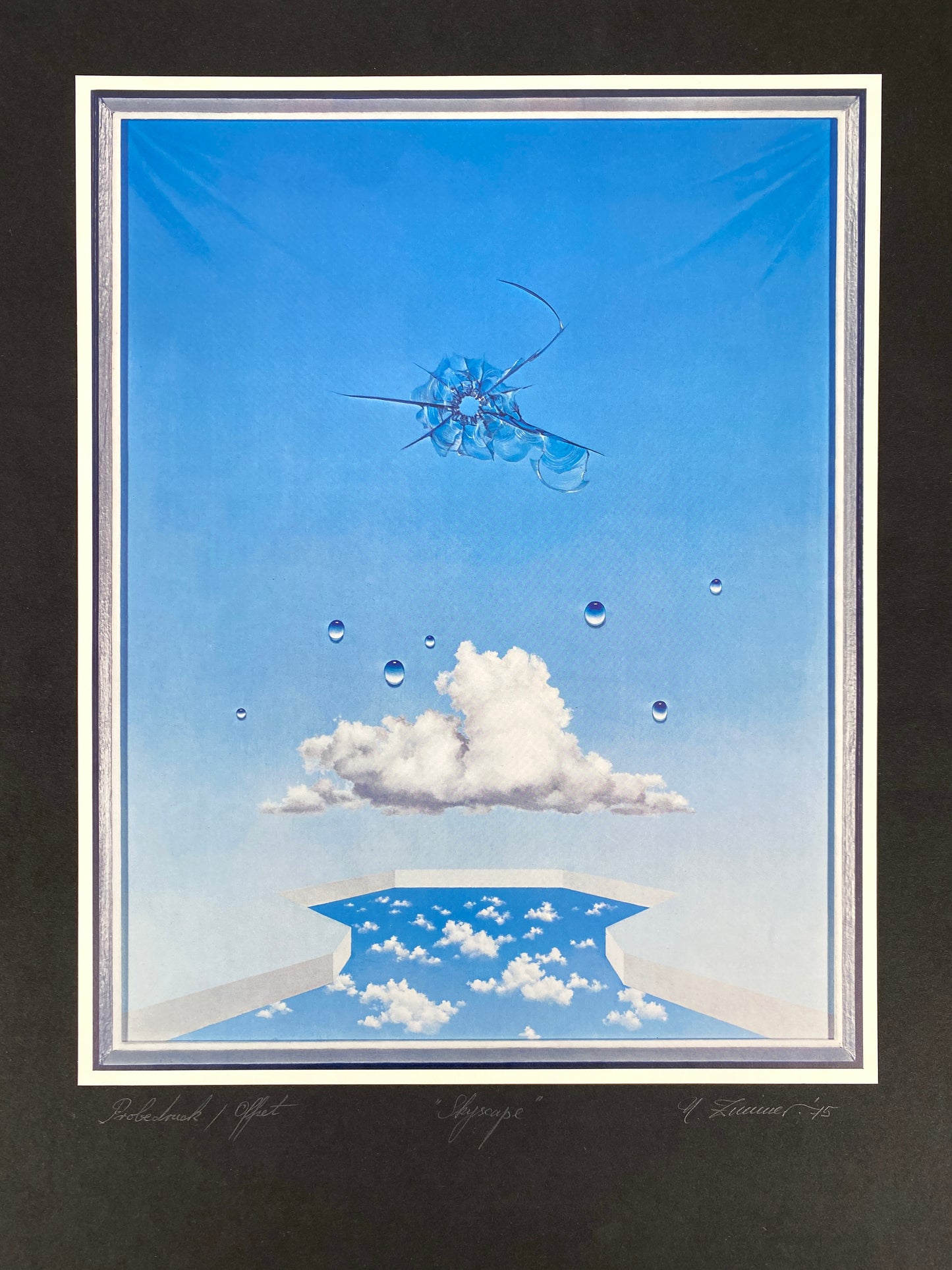 Signierter, surrealistischer / illusionistischer Kunstdruck "Skyscape" von H. Zimmer, 1975
