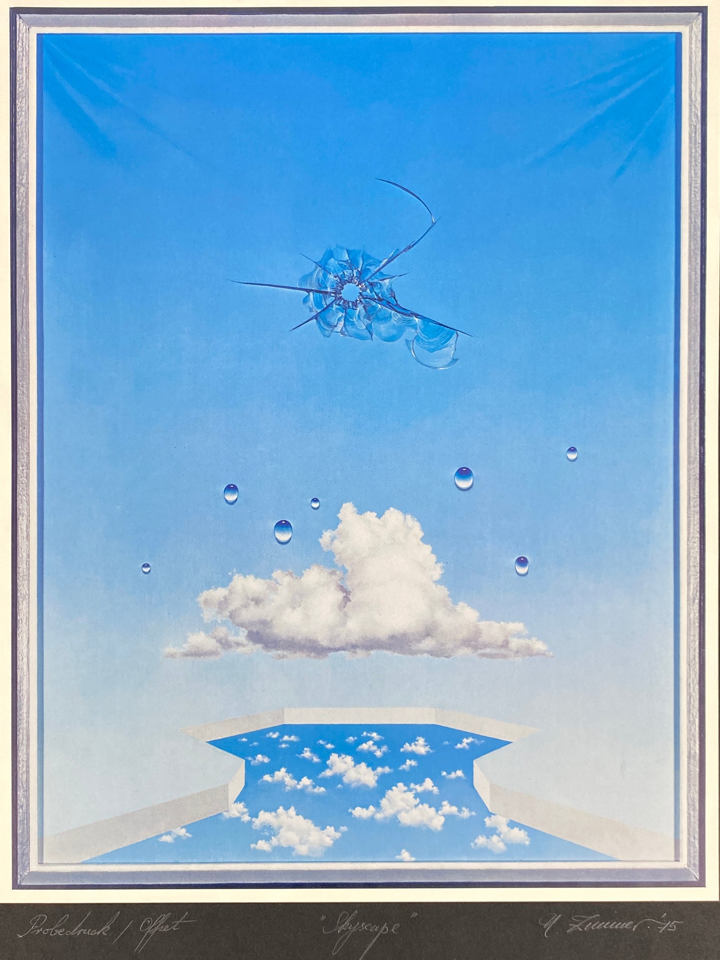 Signierter, surrealistischer / illusionistischer Kunstdruck "Skyscape" von H. Zimmer, 1975
