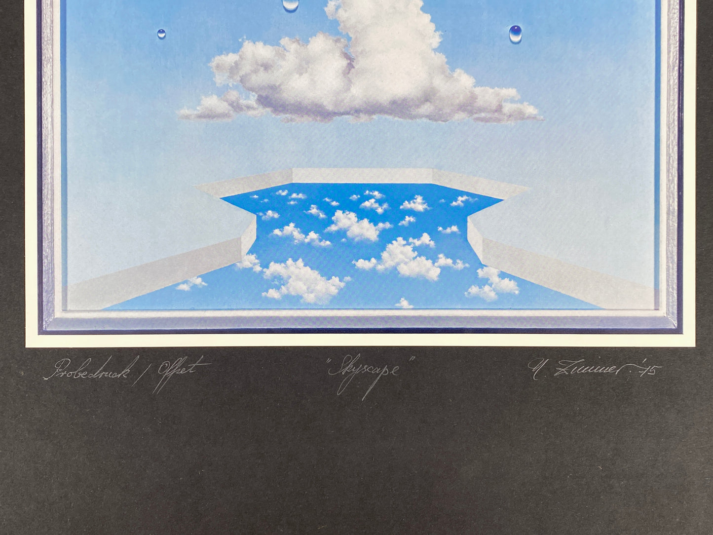 Signierter, surrealistischer / illusionistischer Kunstdruck "Skyscape" von H. Zimmer, 1975