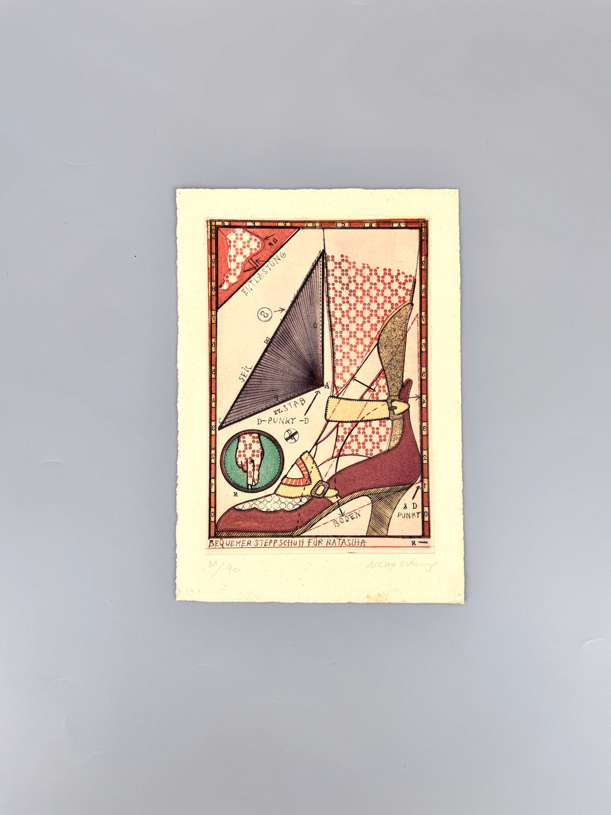 Radierung, Johannes Vennekamp. Bequemer Steppschuh für Natascha.