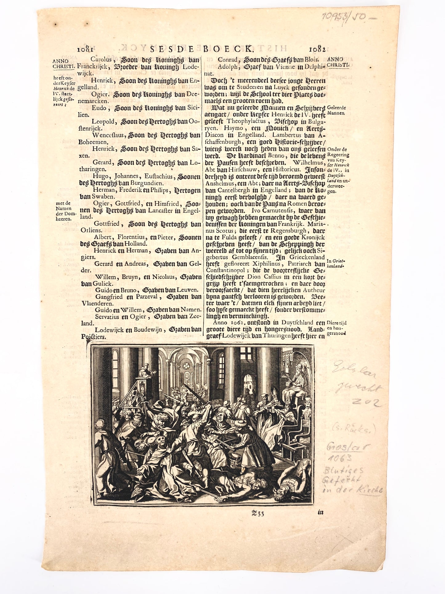 Antike Buchseite in Niederdeutscher Sprache und Merian-Druckgrafik "Goslar Dom Rangstreit" Do