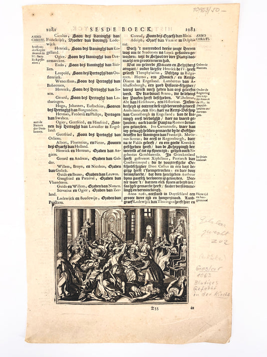 Antike Buchseite in Niederdeutscher Sprache und Merian-Druckgrafik "Goslar Dom Rangstreit" Do