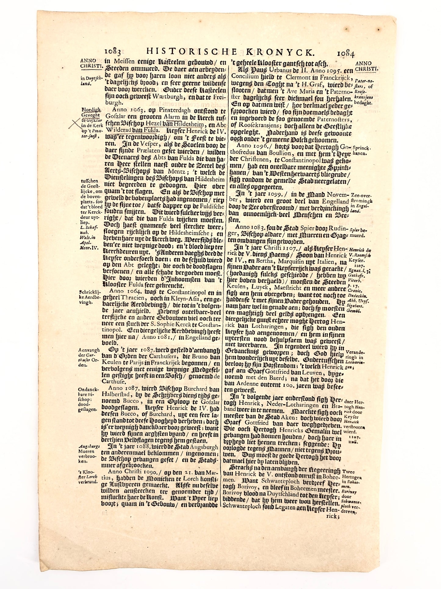 Antike Buchseite in Niederdeutscher Sprache und Merian-Druckgrafik "Goslar Dom Rangstreit" Do