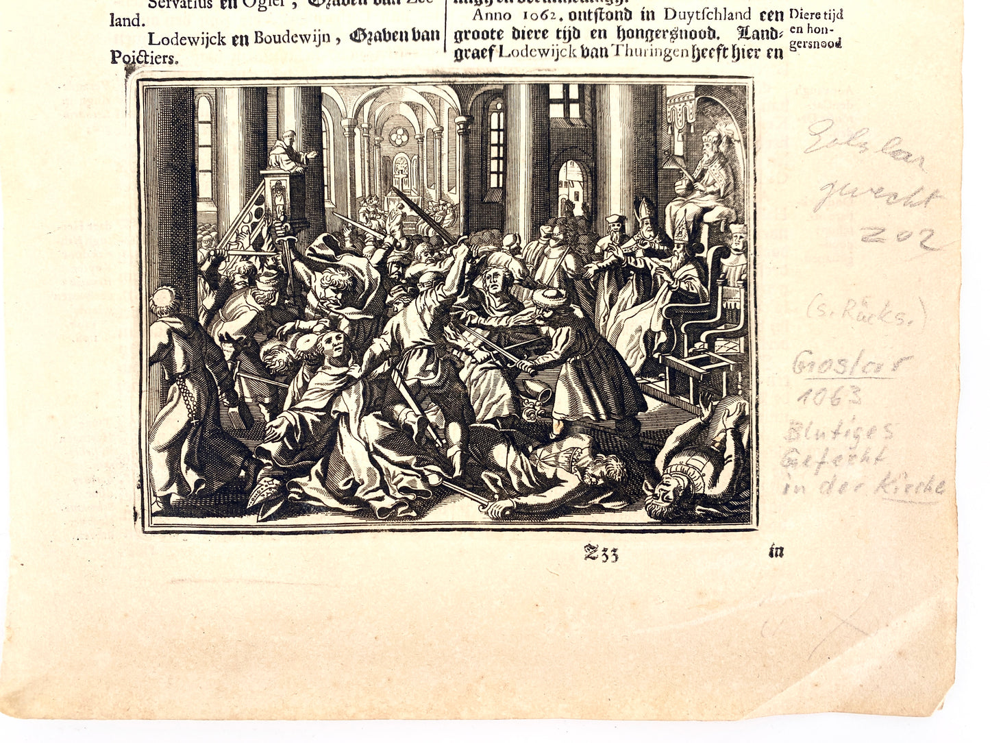Antike Buchseite in Niederdeutscher Sprache und Merian-Druckgrafik "Goslar Dom Rangstreit" Do