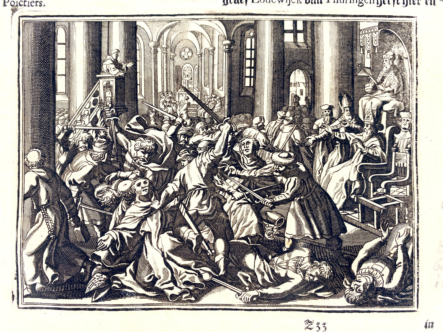 Antike Buchseite in Niederdeutscher Sprache und Merian-Druckgrafik "Goslar Dom Rangstreit" Do