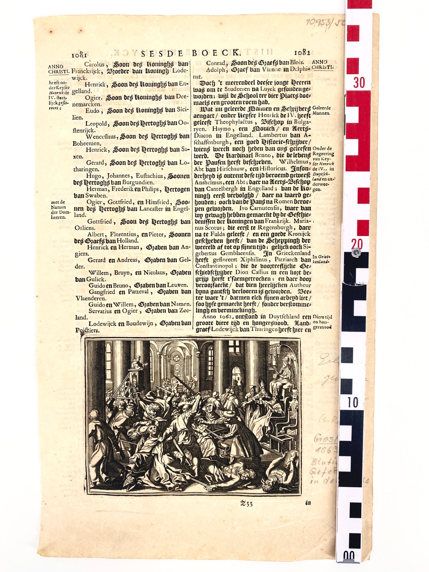 Antike Buchseite in Niederdeutscher Sprache und Merian-Druckgrafik "Goslar Dom Rangstreit" Do