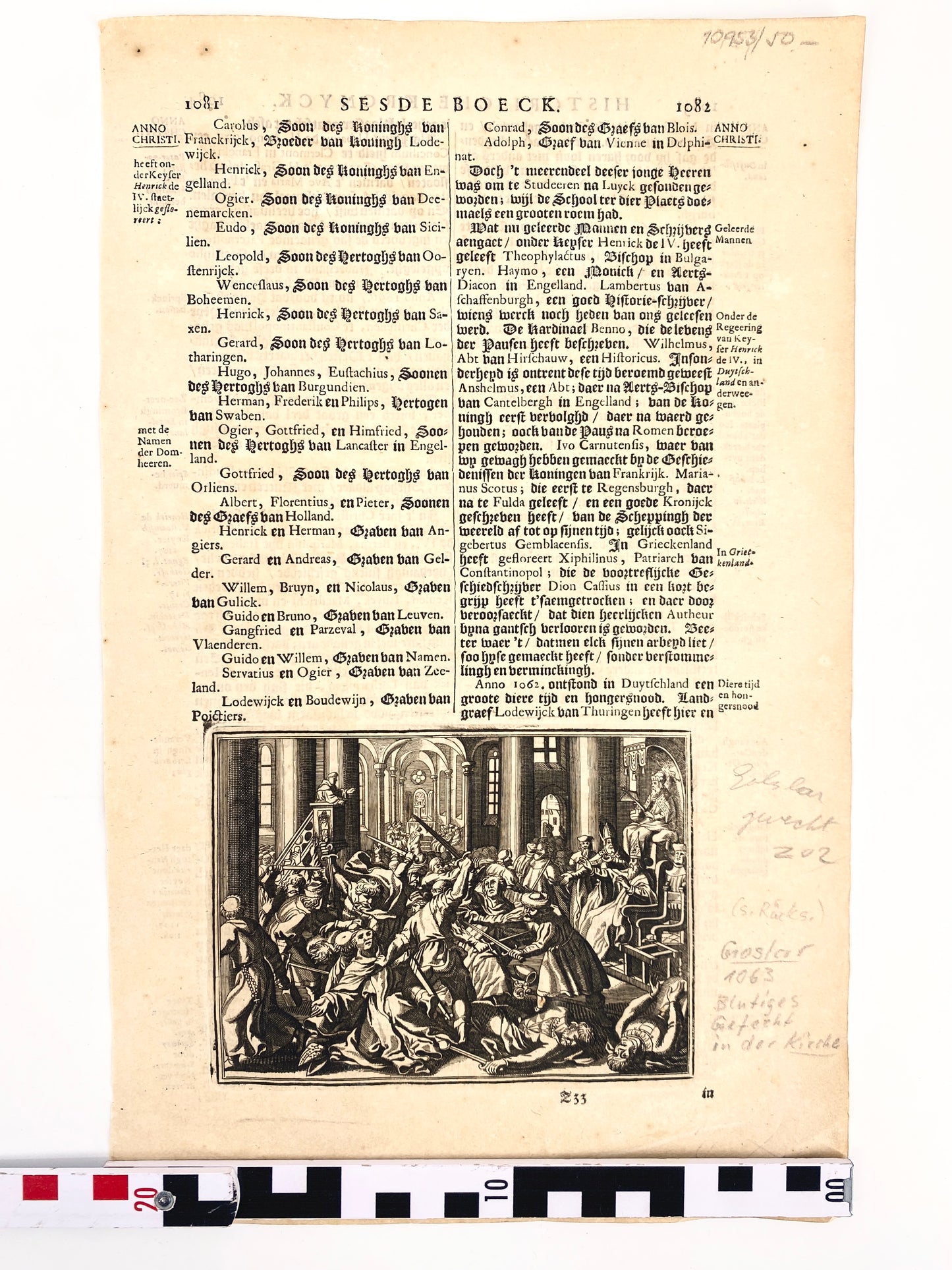 Antike Buchseite in Niederdeutscher Sprache und Merian-Druckgrafik "Goslar Dom Rangstreit" Do