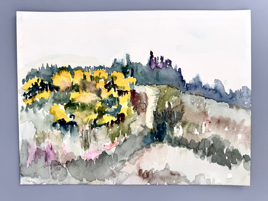 Aquarell-Gemälde, Feldweg mit Blumenwiese