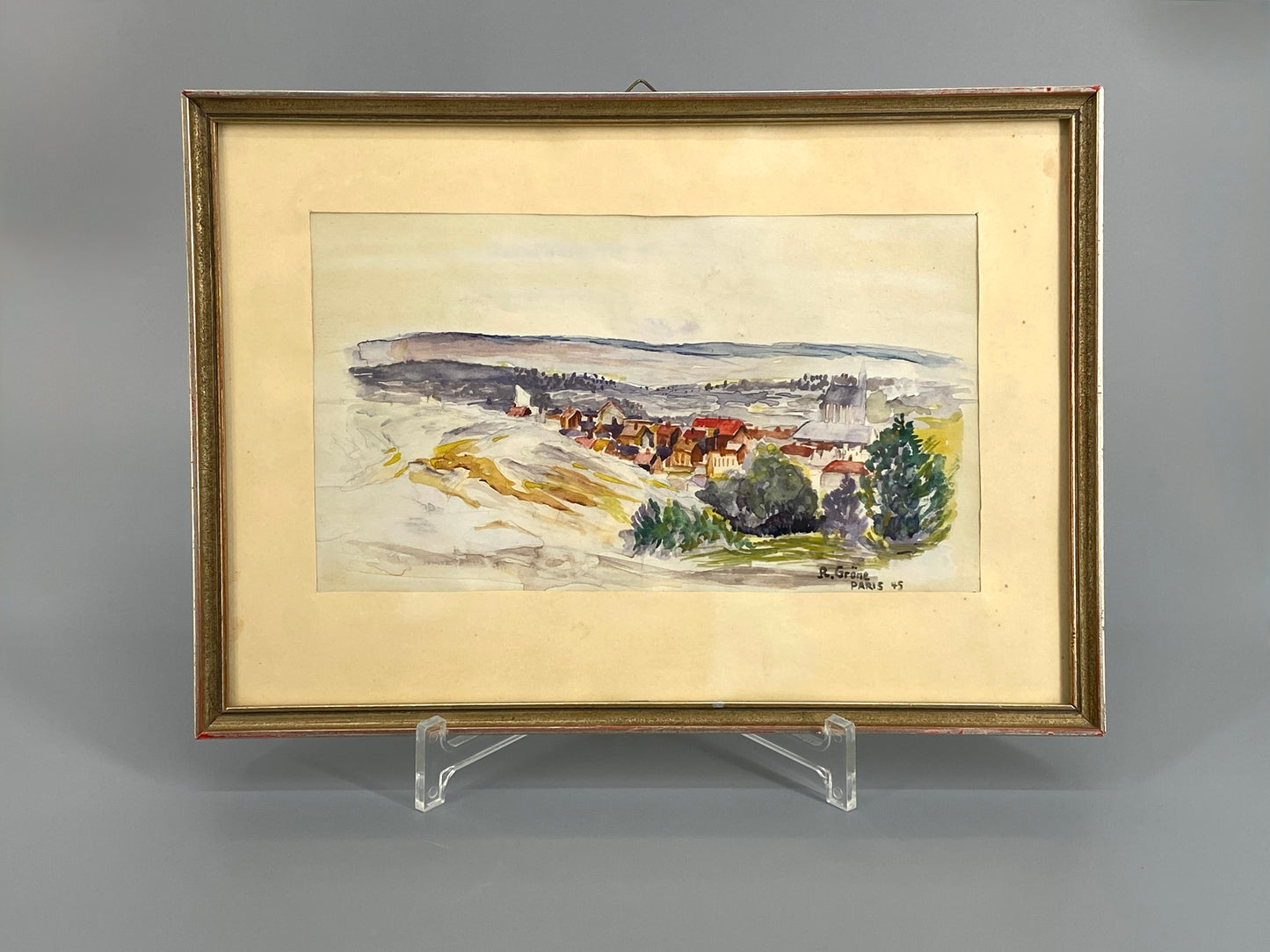 Signiertes Aquarell "Stadtansicht aus dem Fenster des Internierungslagers" von R. Gröne, 1945