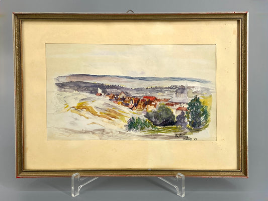 Signiertes Aquarell "Stadtansicht aus dem Fenster des Internierungslagers" von R. Gröne, 1945