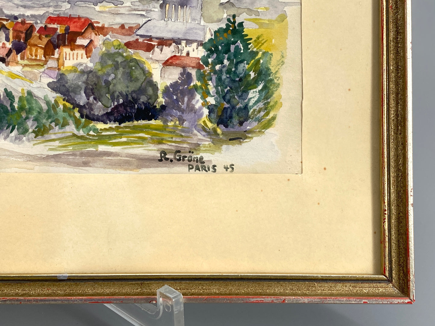Signiertes Aquarell "Stadtansicht aus dem Fenster des Internierungslagers" von R. Gröne, 1945